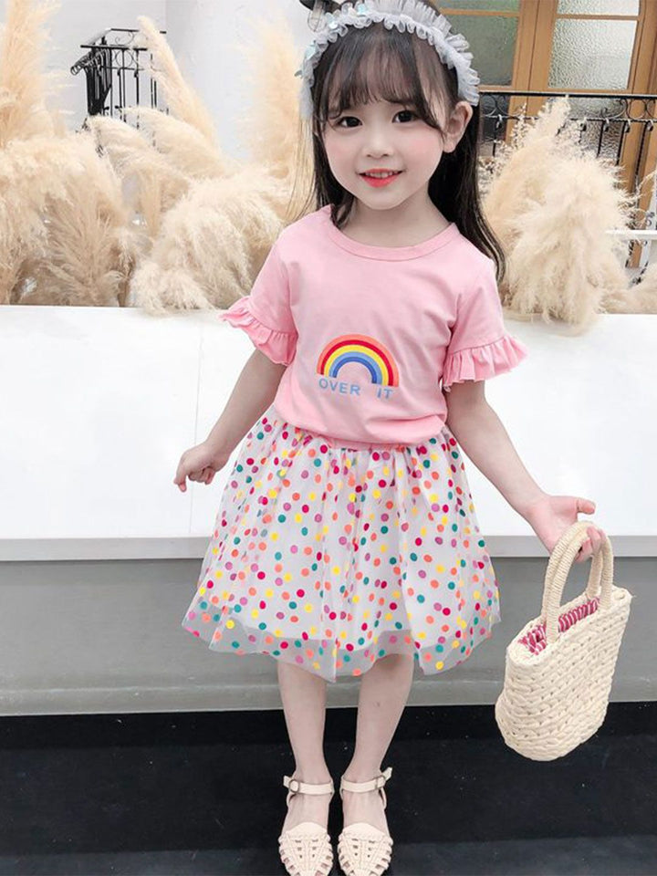 YK Girls Printed Round Neck Short Sleeves Pure Cotton Top With Skirt