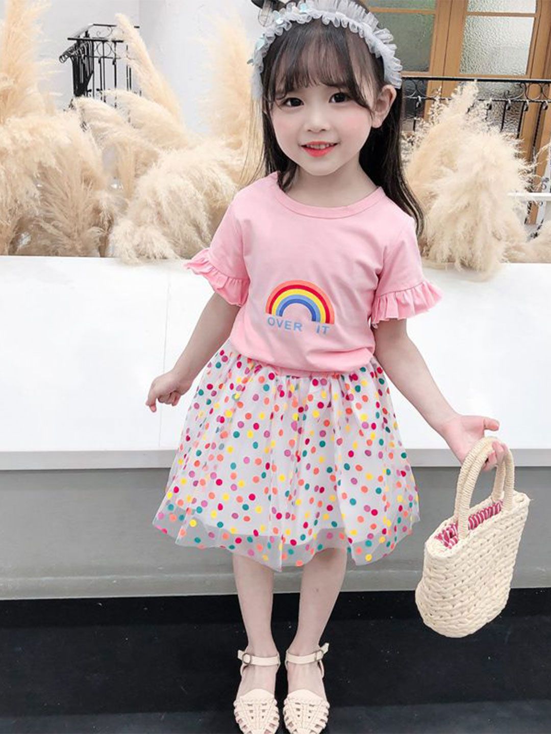 YK Girls Printed Round Neck Short Sleeves Pure Cotton Top With Skirt