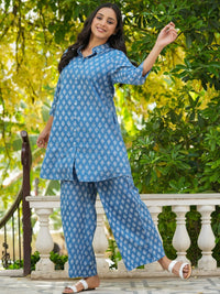 SANSKRUTIHOMES Blue Printed Pure Cotton Shirt with Lounge Pants