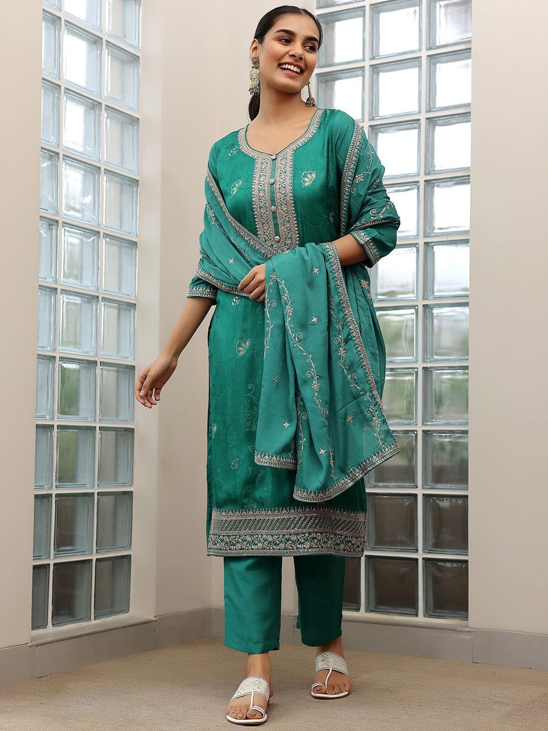 Libas Floral Embroidered Zari Straight Kurta with Palazzos & Dupatta