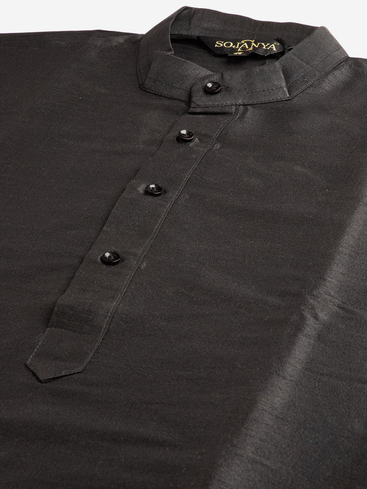 SOJANYA Men Black & Sea Green Solid Kurta with Churidar & Nehru Jacket