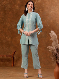 Anouk Blue Embroidered Silk Blend Tunic With Trousers