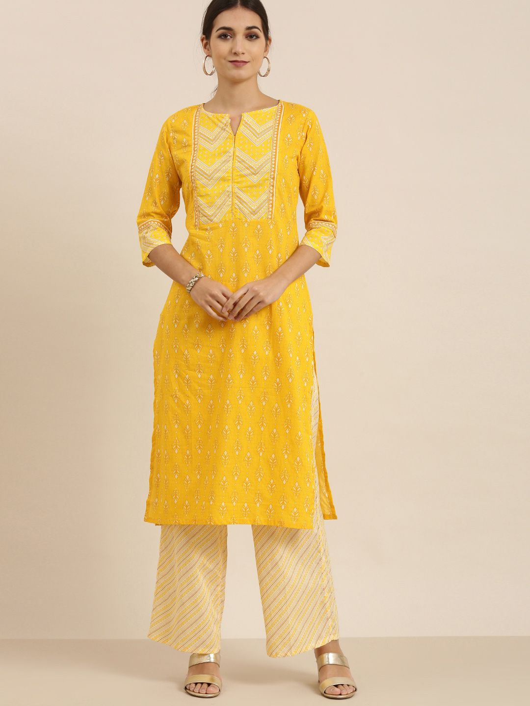 Vishudh Women Yellow & Off-White Printed Kurta with Palazzos