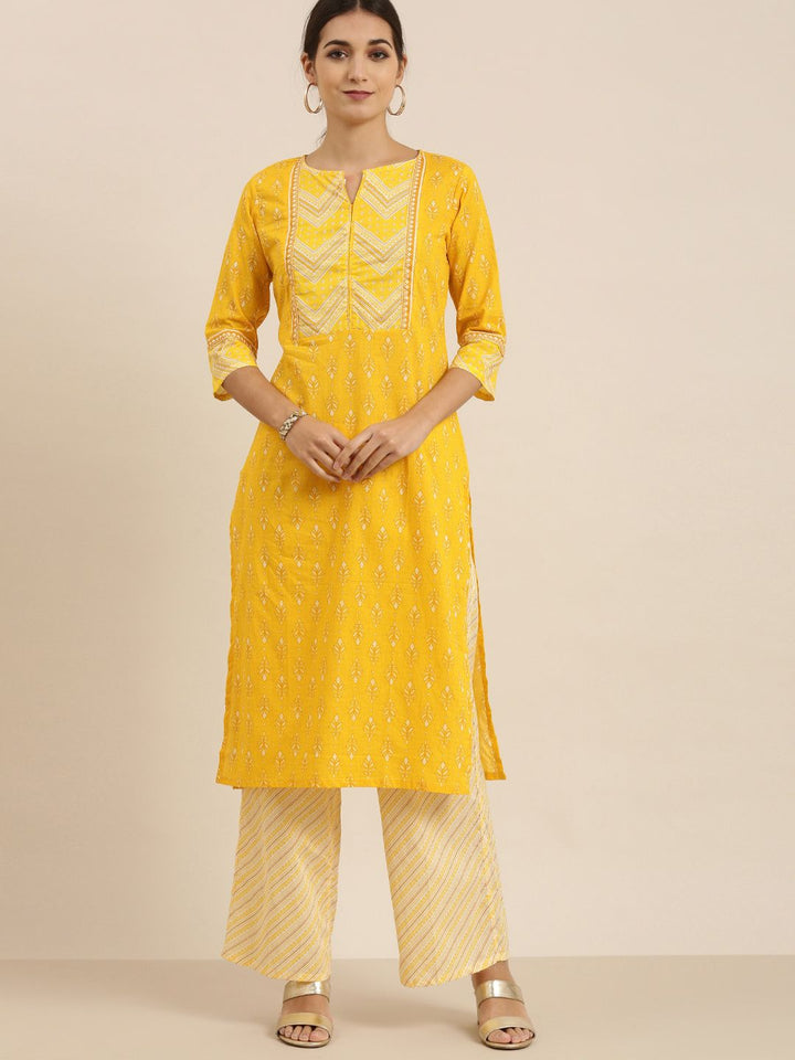 Vishudh Women Yellow & Off-White Printed Kurta with Palazzos