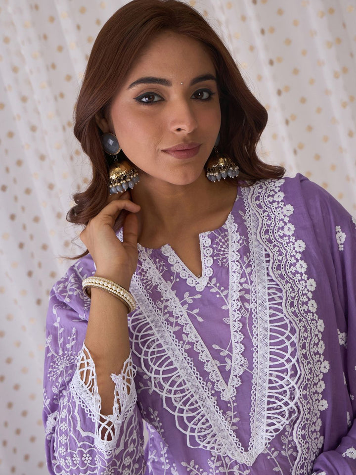 Indo Era Floral Embroidered Round Neck Pure Cotton Straight Kurta with Trousers & Dupatta