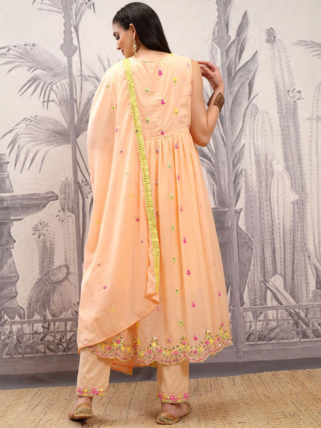Vishudh Orange Embroidered Regular Mirror Work Pure Cotton Kurta with Trousers & Dupatta