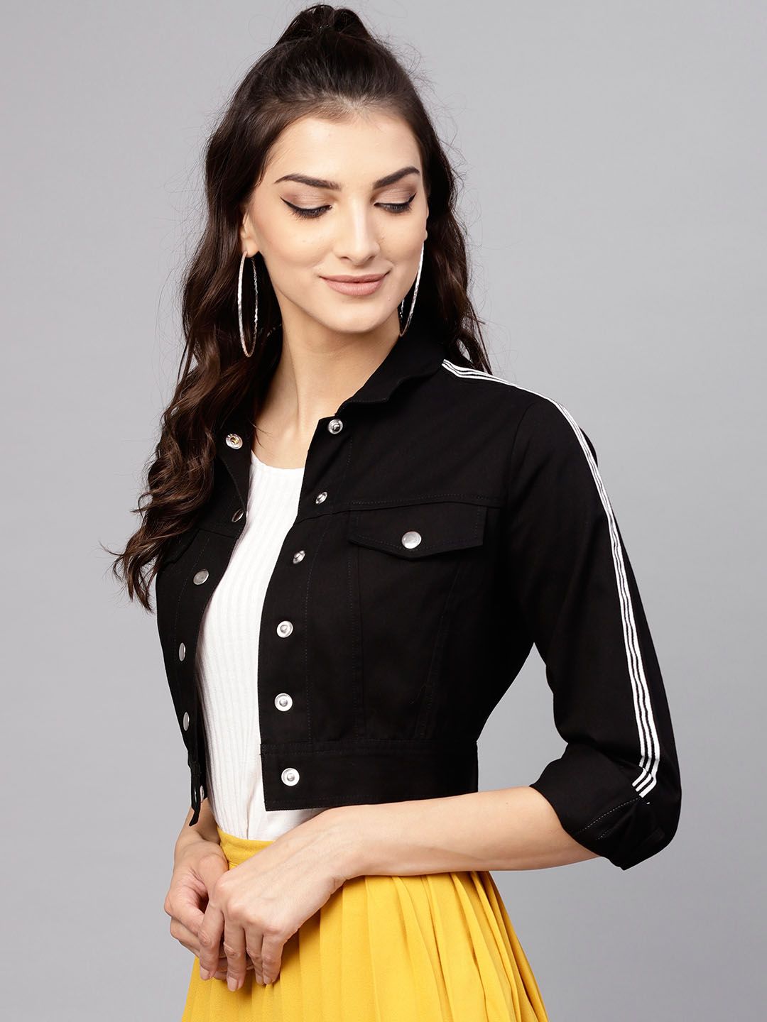 STREET 9 Women Black Solid Cropped Denim Jacket