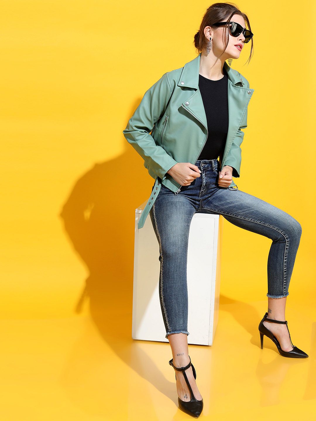 Tokyo Talkies Women Olive Green Crop Biker Jacket