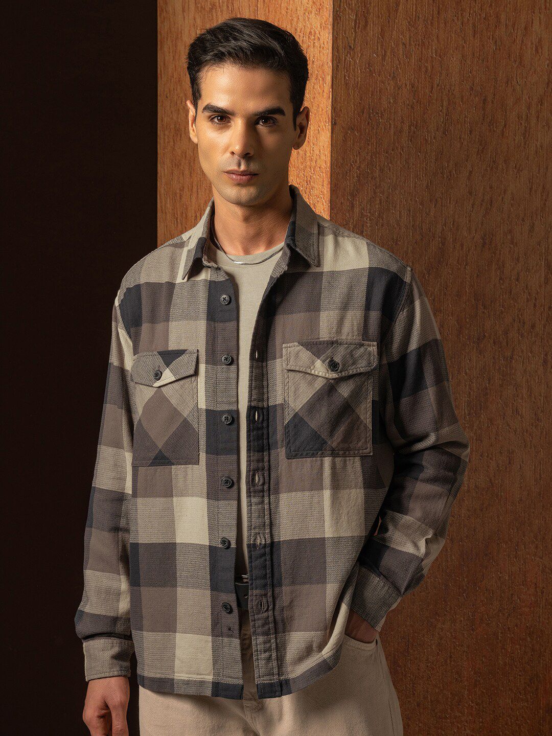 LOCOMOTIVE Premium Oversized Dobby Textured Checked Utility Pocket Overshirt