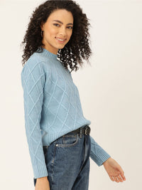 DressBerry Women Blue Self-Design Pullover Sweater