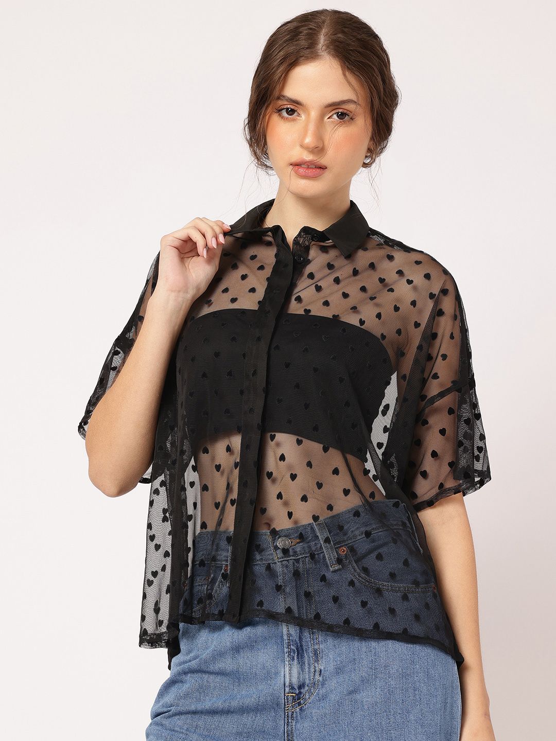 DressBerry Sheer Affection Heart Design Shirt