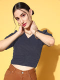 Antheaa Women Stunning Navy Blue Solid Volume Play Top