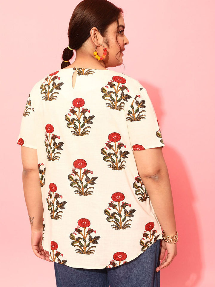 CURVY STREET Plus Size Floral Printed Square Neck Crepe Top