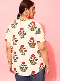 CURVY STREET Plus Size Floral Printed Square Neck Crepe Top