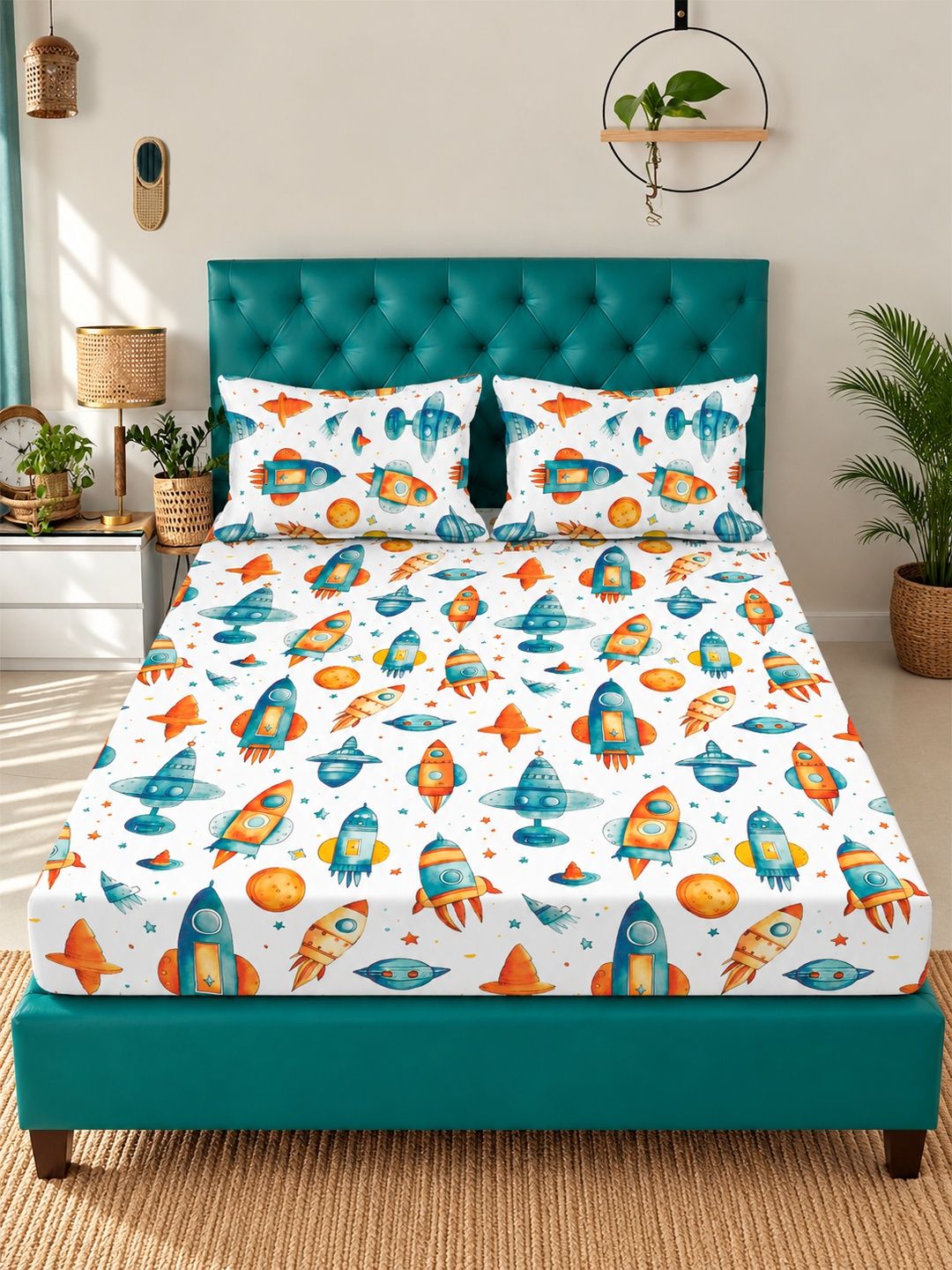 Myntra Elegant Homes White Cartoon Characters 300 TC King Bedsheet with 2 Pillow Covers