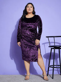 SASSAFRAS Curve Purple Plus Size Long Sleeves Velvet Ruched Sheath Dress
