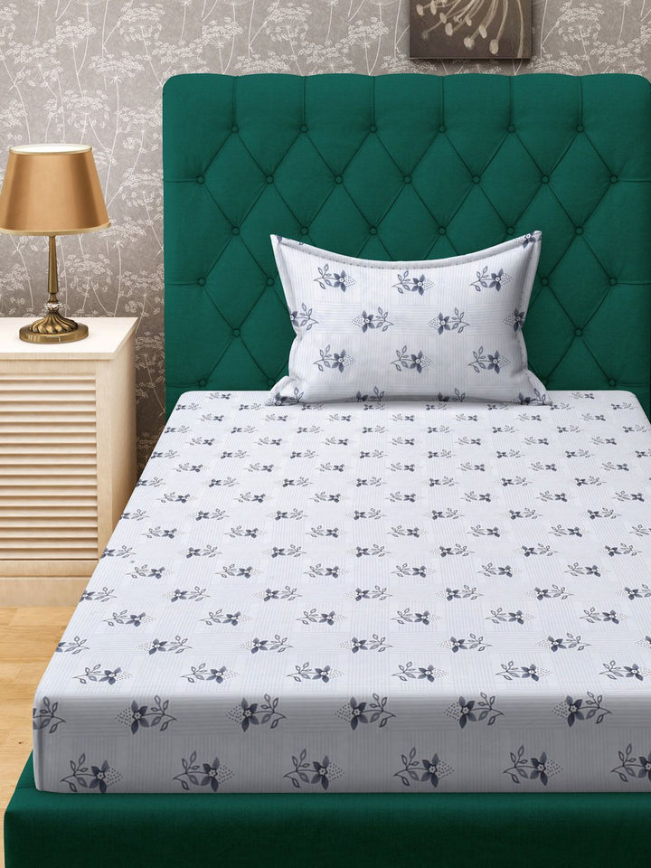 KLOTTHE White & Grey Floral Printed 300 TC Fitted Single Bedsheet With 1 Pillow Cover