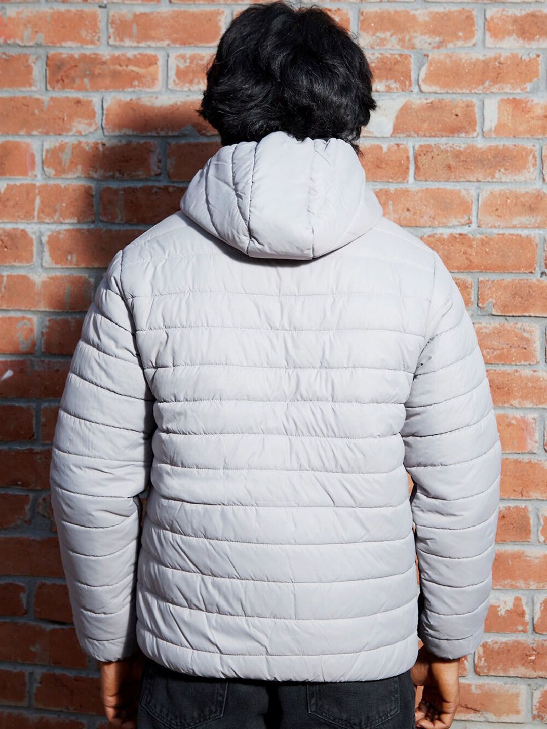 Kampus Sutra Grey Hooded Windcheater Puffer Jaket dengan zip kontras