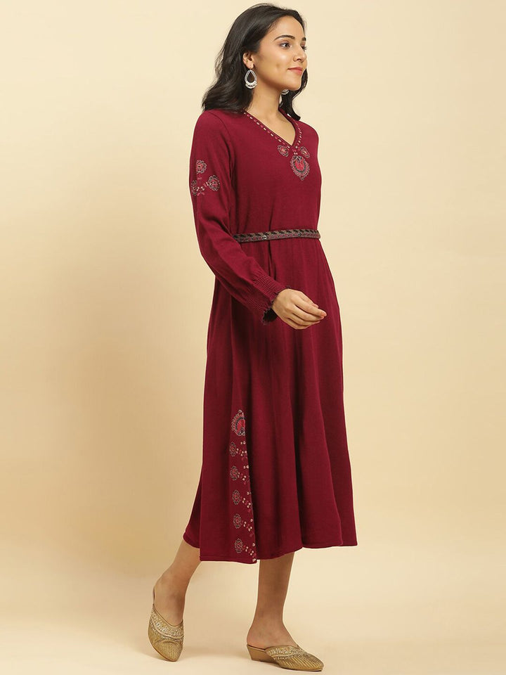 W Ethnic Motifs Embroidered Long Sleeves Acrylic Fit & Flare Midi Ethnic Dress