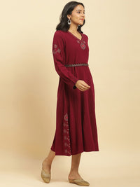 W Ethnic Motifs Embroidered Long Sleeves Acrylic Fit & Flare Midi Ethnic Dress