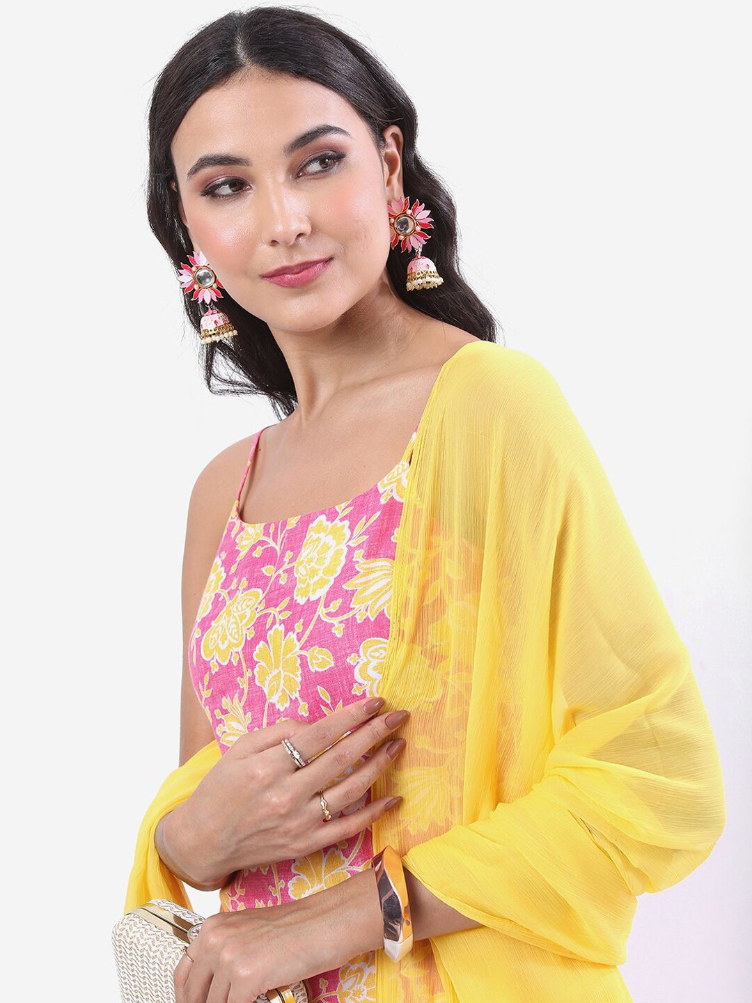Vishudh Pink &amp; Yellow Floral Printed Shoulder Straps Kurti With Sharara &amp; Dupatta