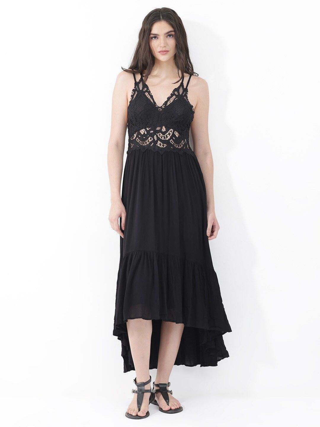 RAREISM Self Design Shoulder Strap Fit & Flare Midi Dress
