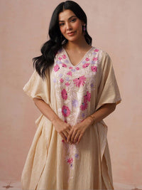 House of Chikankari Women Floral Extended Sleeves Kerja Benang Floral Crepe Kaftan Kurta