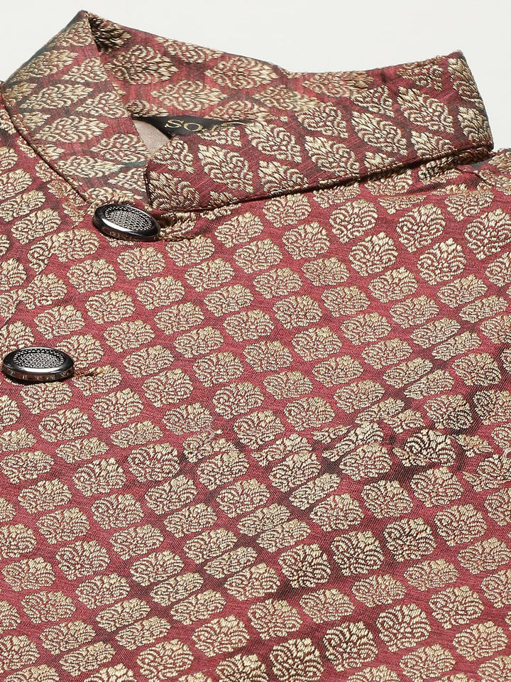 SOJANYA Men Yellow Chikankari Pure Cotton Kurta with Churidar & Nehru Jacket