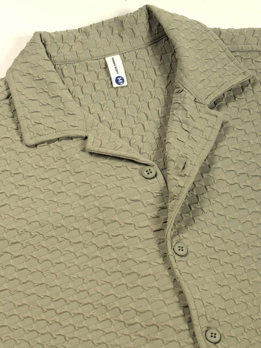 Thomas Scott Men Premium Cuban Collar Textured Solid Cotton Relaxed Fit Casual Shirt