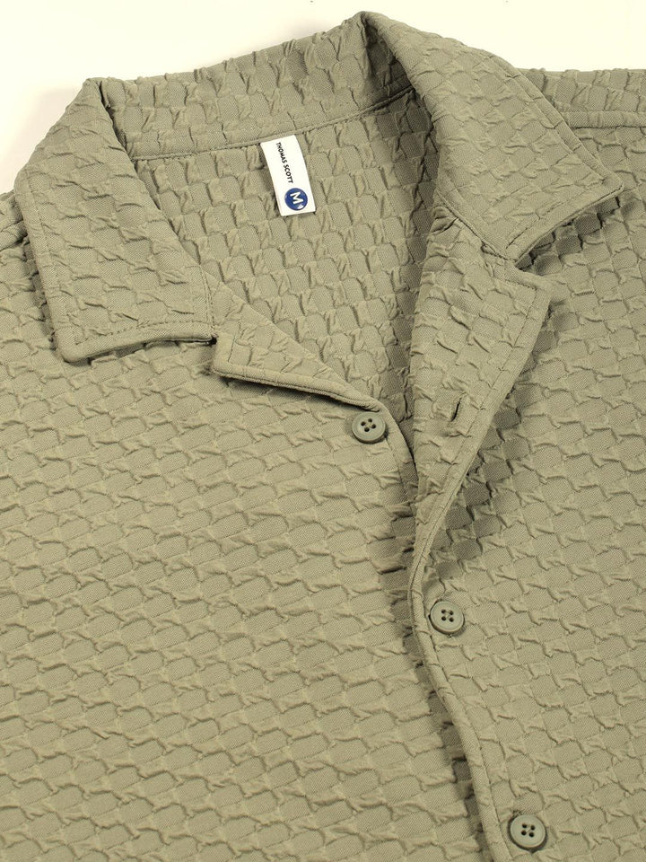 Thomas Scott Men Premium Cuban Collar Textured Solid Cotton Relaxed Fit Casual Shirt