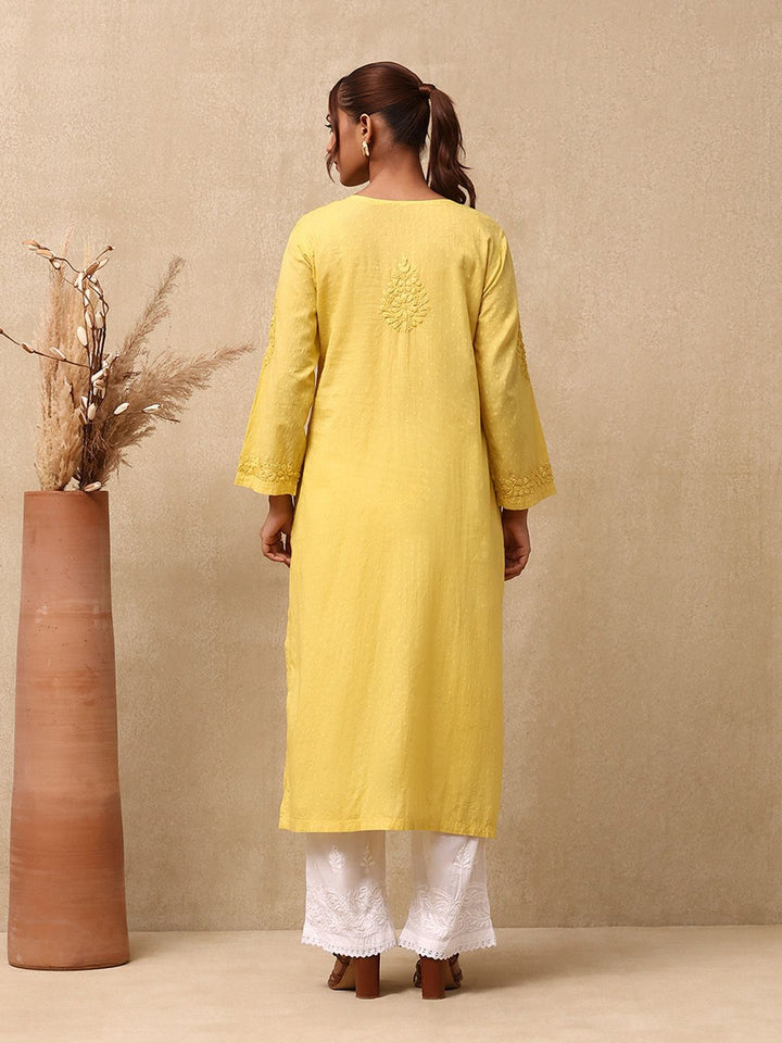 Rumah Wanita Chikankari Cotton Kuning Chikankari Sulam Kurta