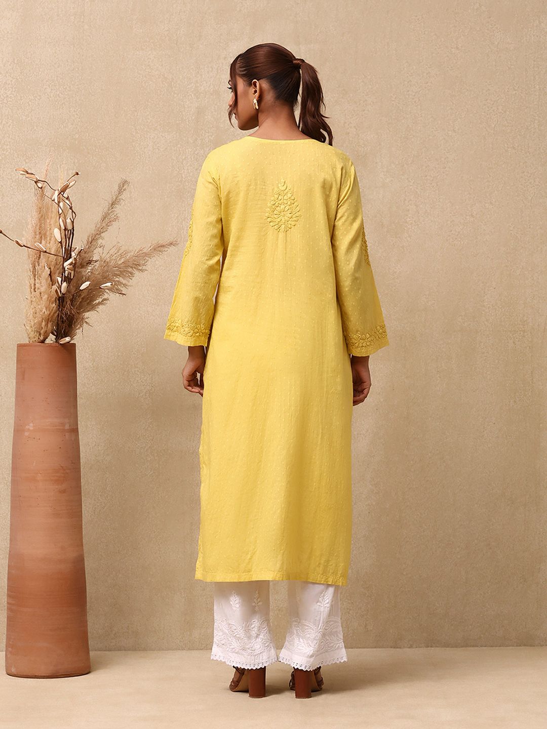 Rumah Wanita Chikankari Cotton Kuning Chikankari Sulam Kurta