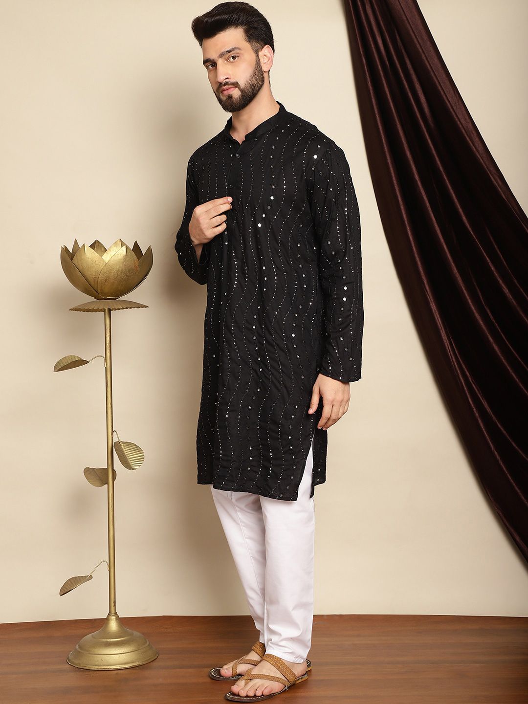Anouk Black Mandarin Collar Sequinned Pure Cotton Straight Kurta with Pyjamas