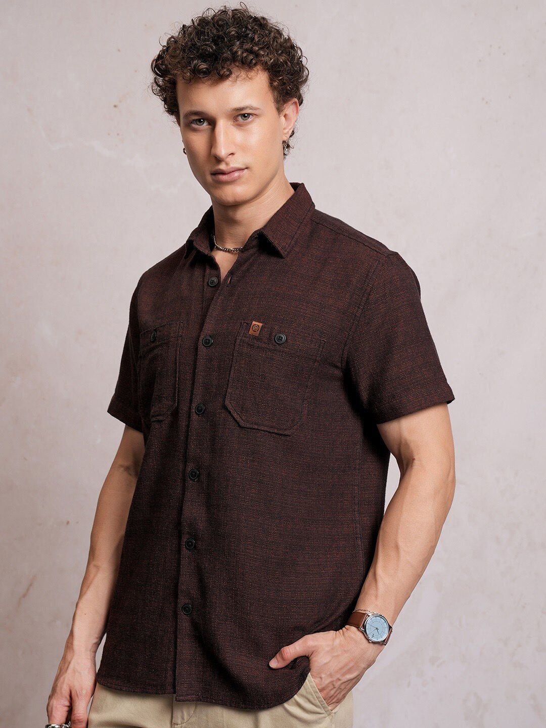 LOCOMOTIVE Textured Checked Utility Pocket Regular Shirt