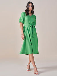 AND V-Neck Puff Sleeves Tie-Ups A-Line Dress