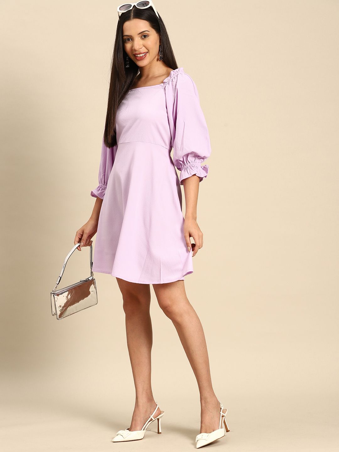 DENNISON Puff Sleeve Crepe Empire Dress