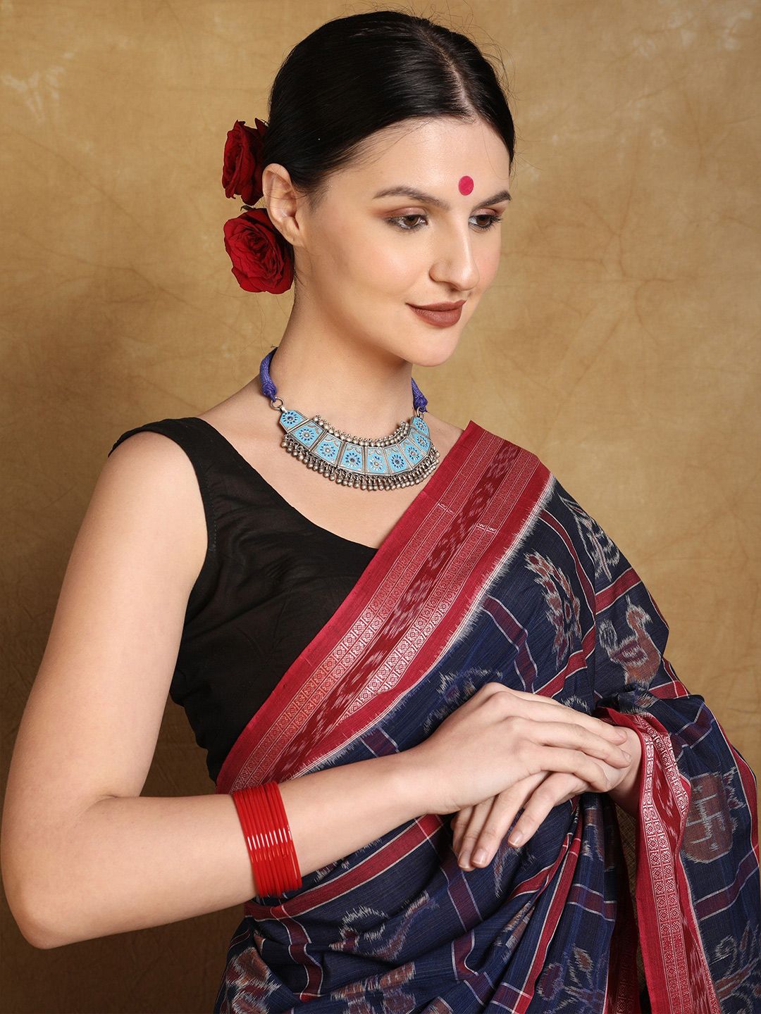 Exotic India Patriot Blue Pure Cotton Ikat Sambalpuri Saree with Rudraksha Border