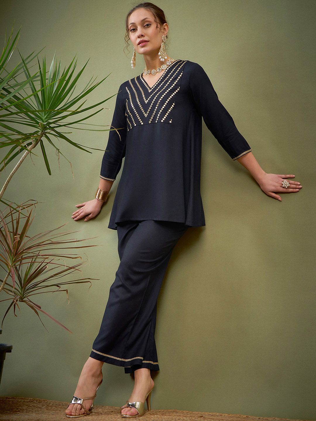 Shae by SASSAFRAS Black Embroidered Ethnic Top With Palazzos