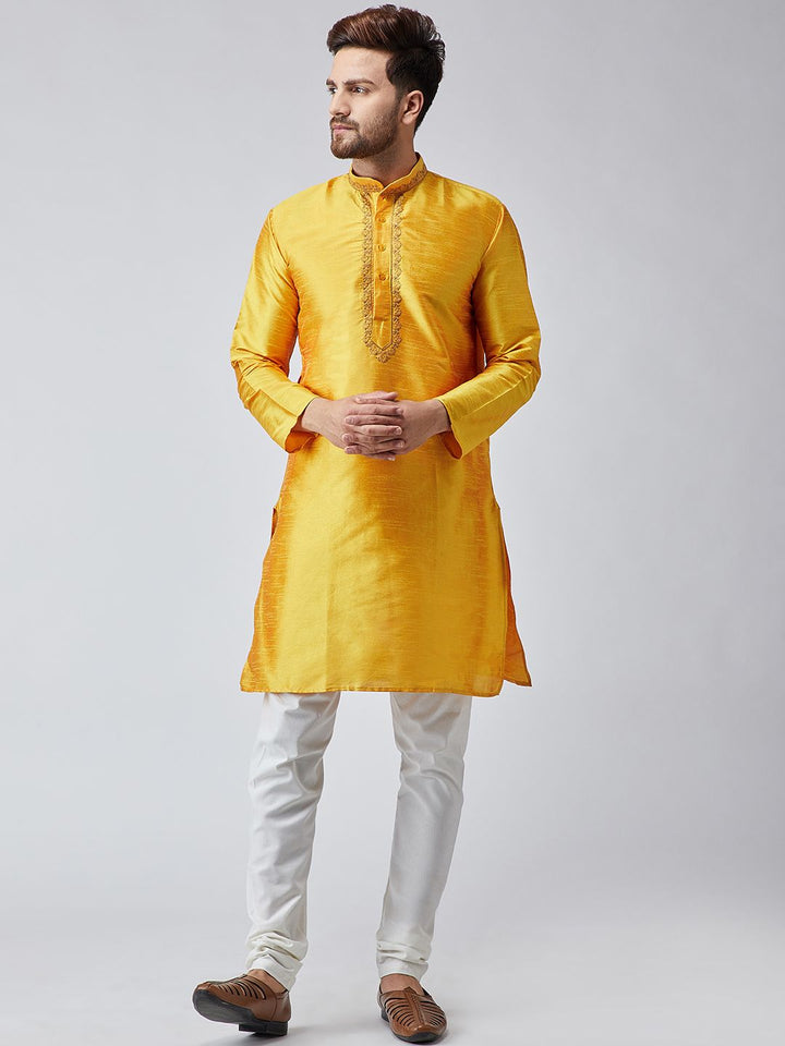 SOJANYA Men Mustard Woven Design Straight Kurta