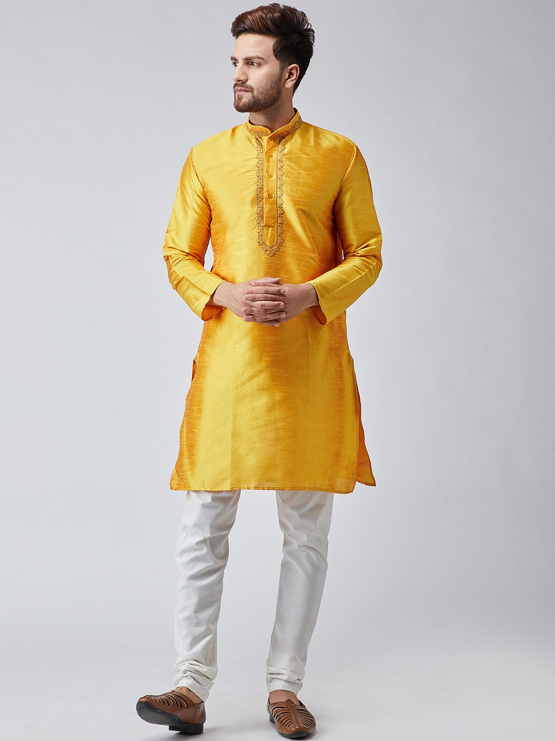 SOJANYA Men Mustard Woven Design Straight Kurta