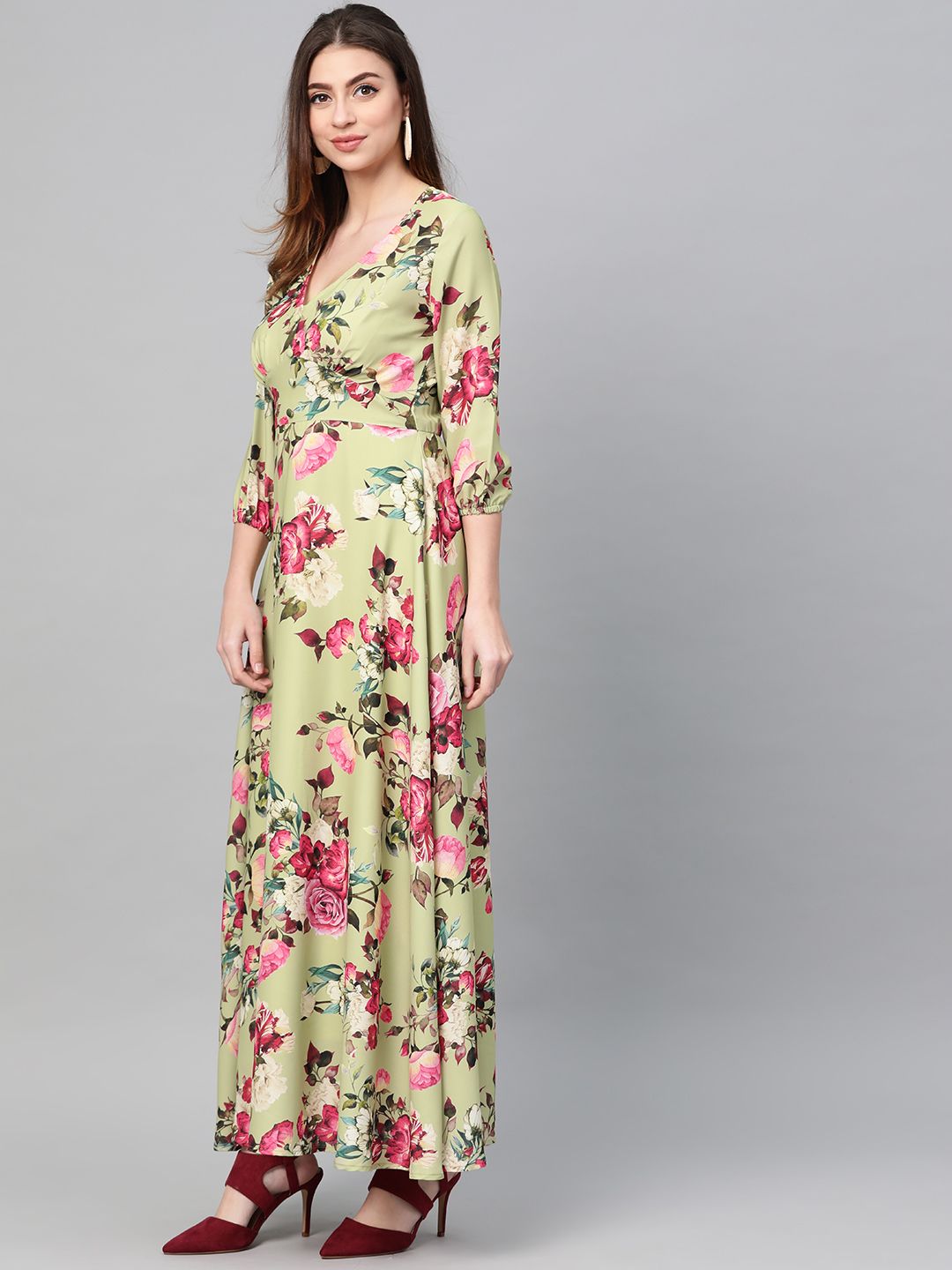 SASSAFRAS Lime Green & Pink Floral Printed Maxi Dress