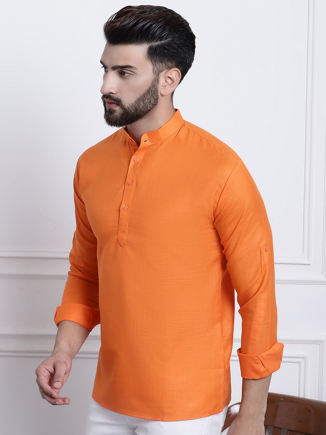 Anug by SOJANYA Men Orange Band Collar Kurta