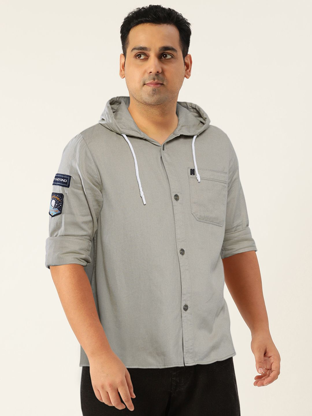 The Indian Garage Co Men Khaki Solid Hooded Slim Fit Casual Shirt