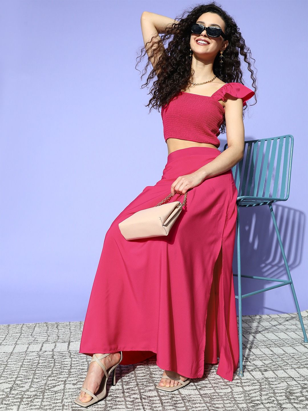 Berrylush Women Pink Solid Top with Skirt