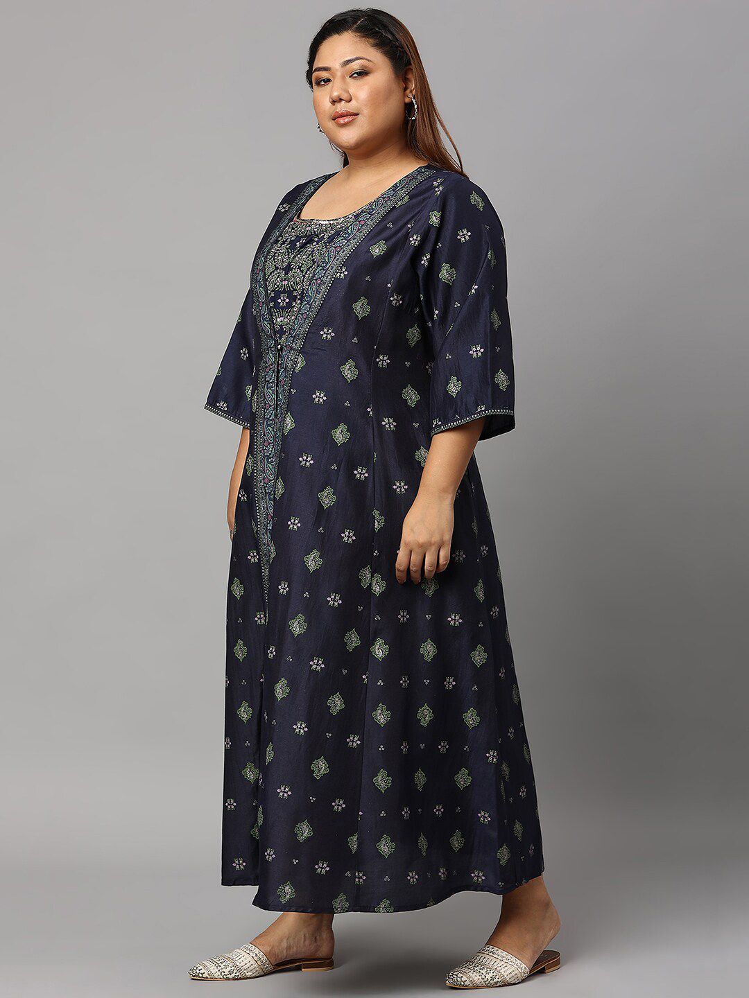 W Blue & Green Floral Embroidered Ethnic Maxi Dress