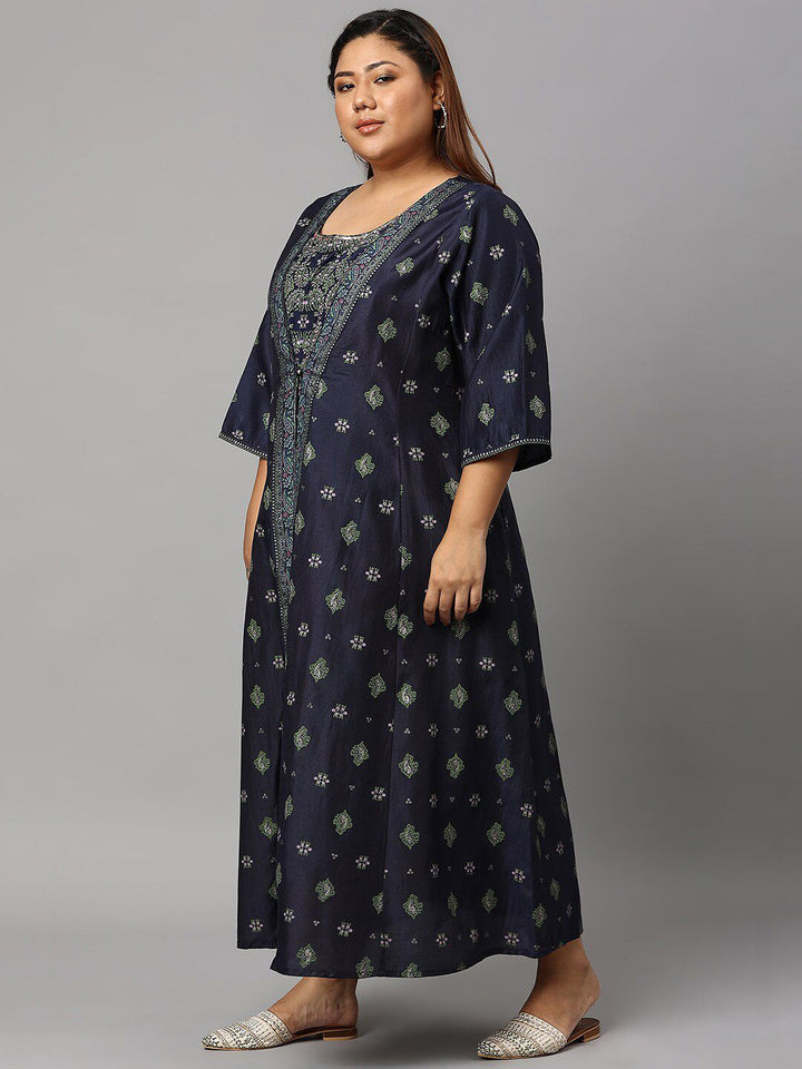 W Blue & Green Floral Embroidered Ethnic Maxi Dress