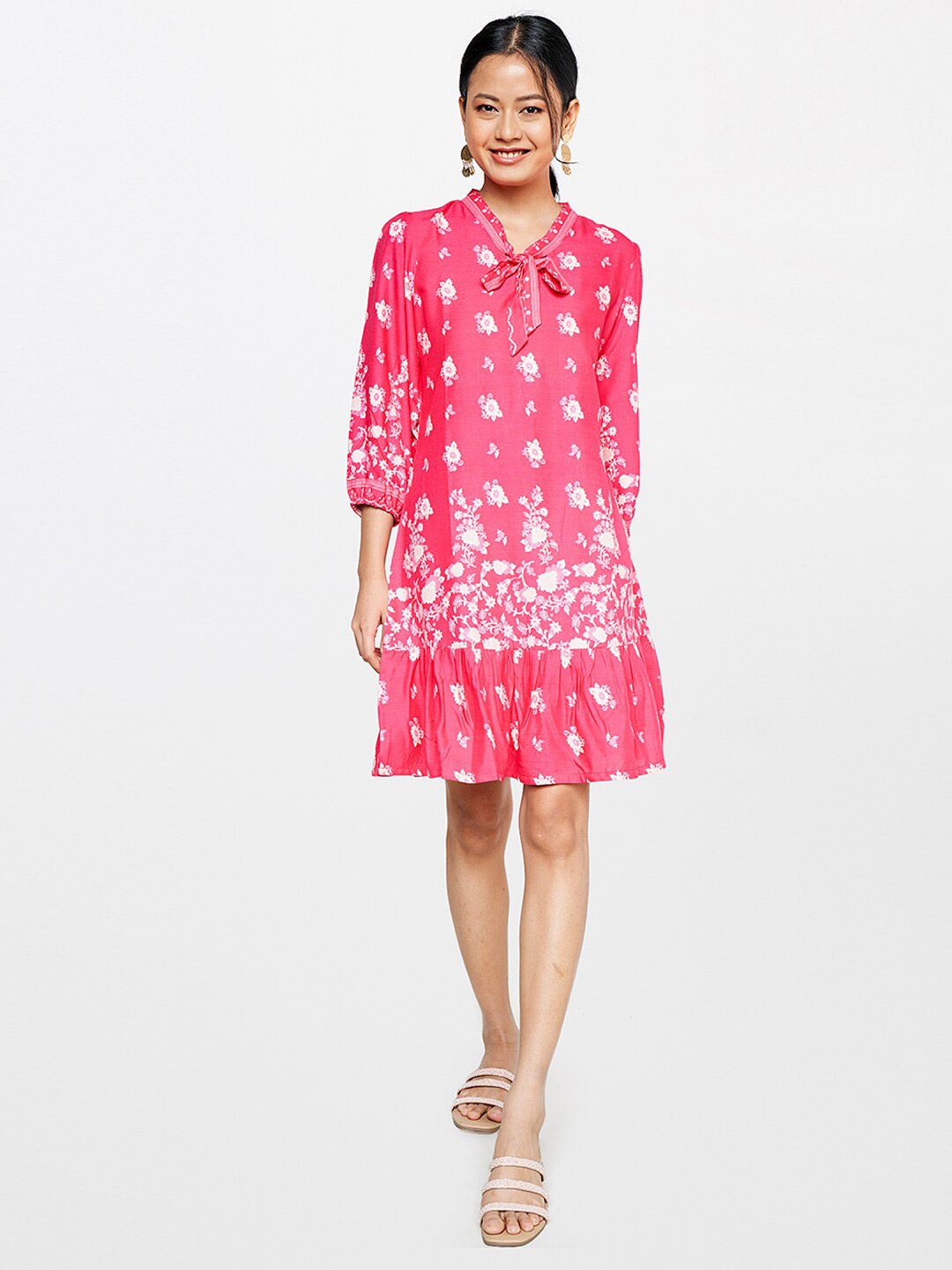 Global Desi Pink Floral Tie-Up Neck Drop-Waist Dress