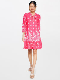 Global Desi Pink Floral Tie-Up Neck Drop-Waist Dress