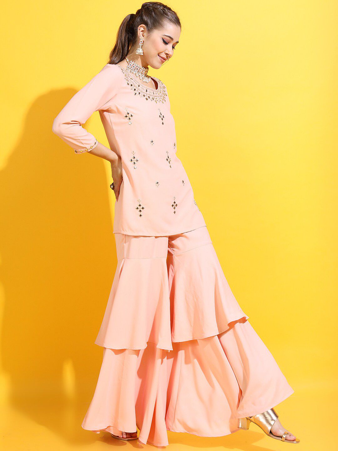Vishudh Women Peach-Coloured Floral Embroidered Mirror Work Kurti with Sharara & With Dupatta
