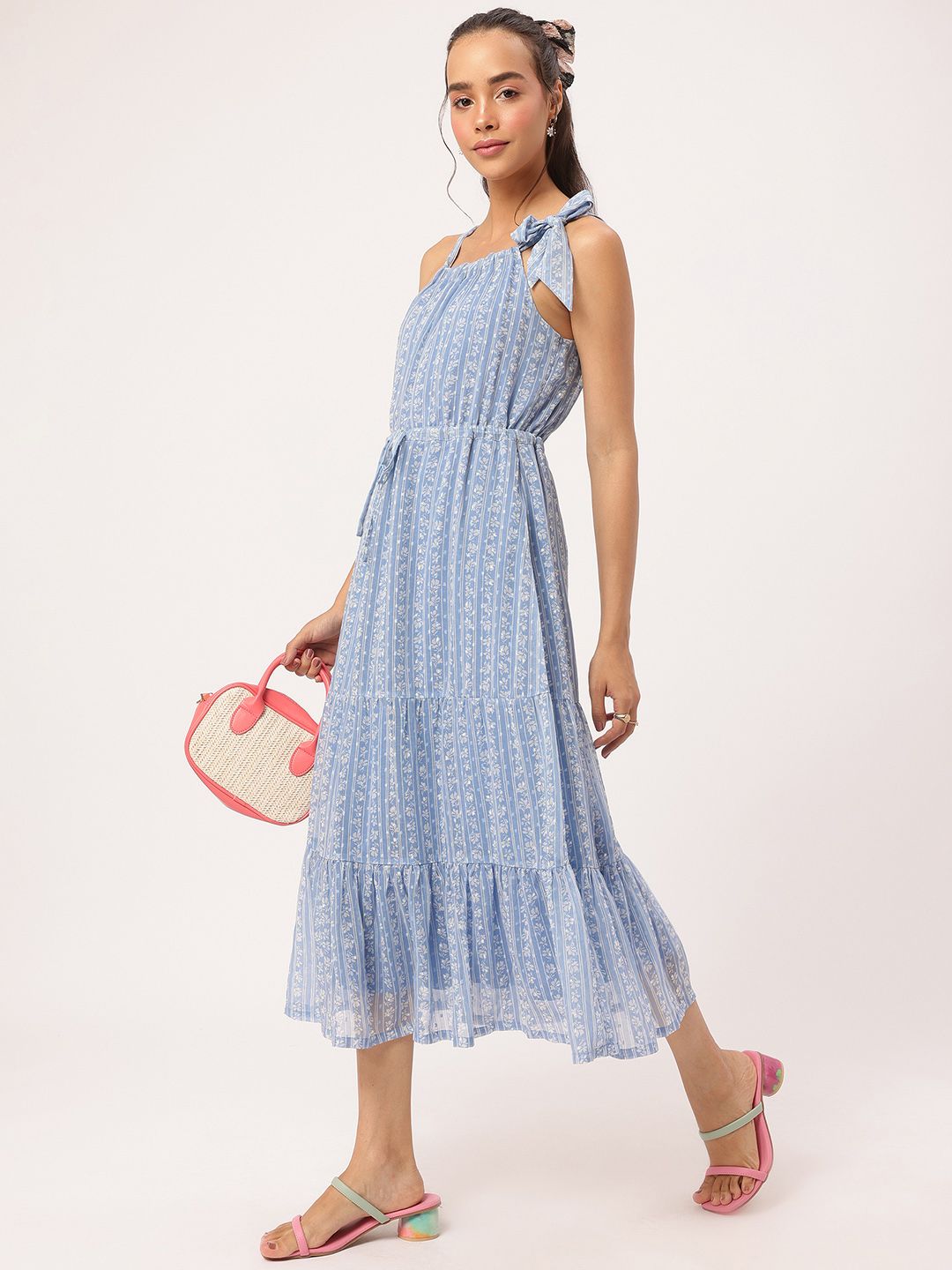 DressBerry Girly Glam Floral Tie-Up Bow Tiered A-Line Midi Dress